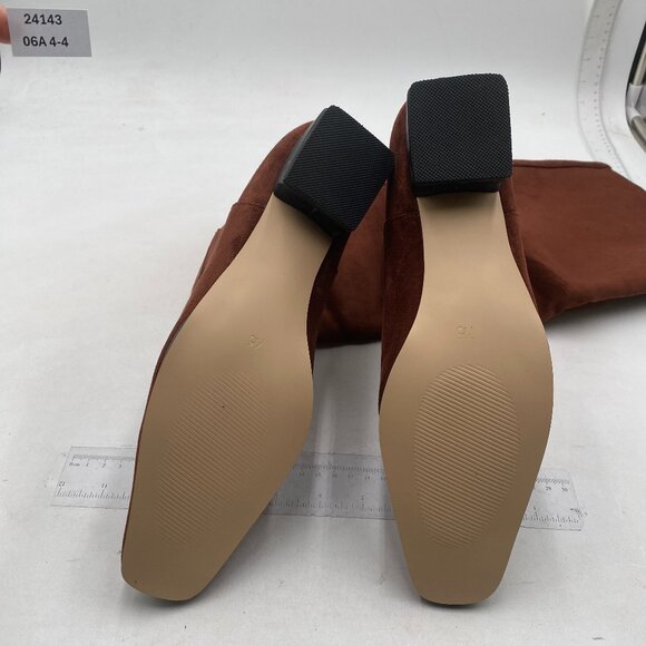 Women Square Toe Knee High Boots Wide Calf Low Chunky Heel Flat Long Boots Brown - Picture 6 of 7